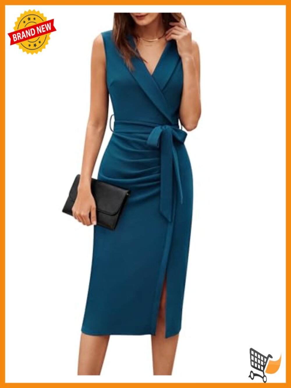 Women's Sleeveless Bodycon Midi Work Dress Ruched V-Neck Belted